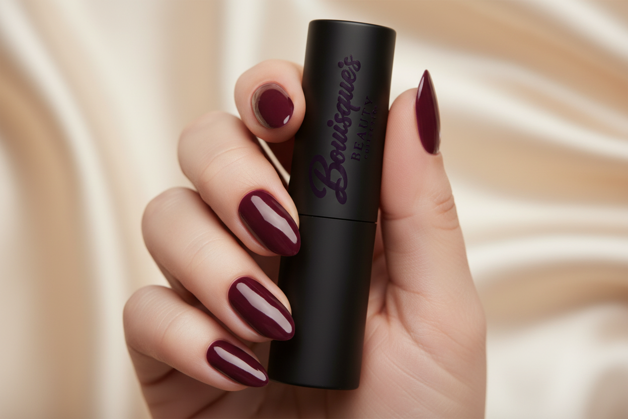 Manicured hand holding Bouisque's Beauty lipstick